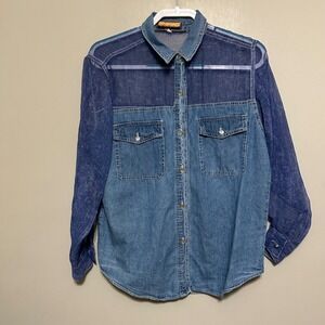 R Rodeo Women's Button Up M Blue Two Tone Denim Long Sleeve Sheer Cowgirl Party